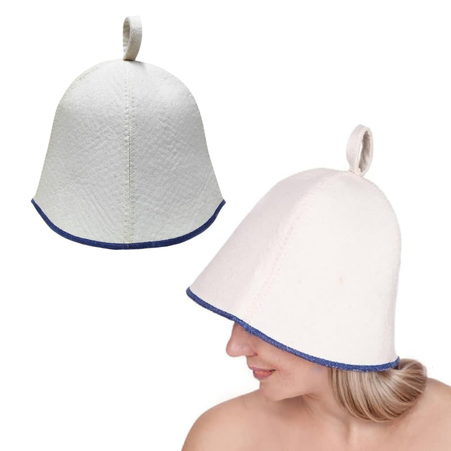 Two sauna hats, one isolated on a white background and one white with blue trim on women head.