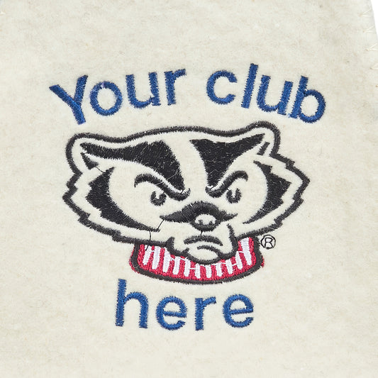 Close-up of custom logo embroidery on white wool sauna hat
