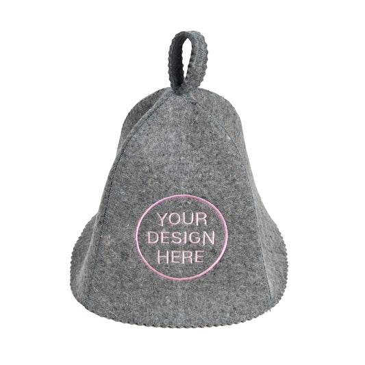 Gray wool sauna hat with custom embroidery design, bell shape, white background
