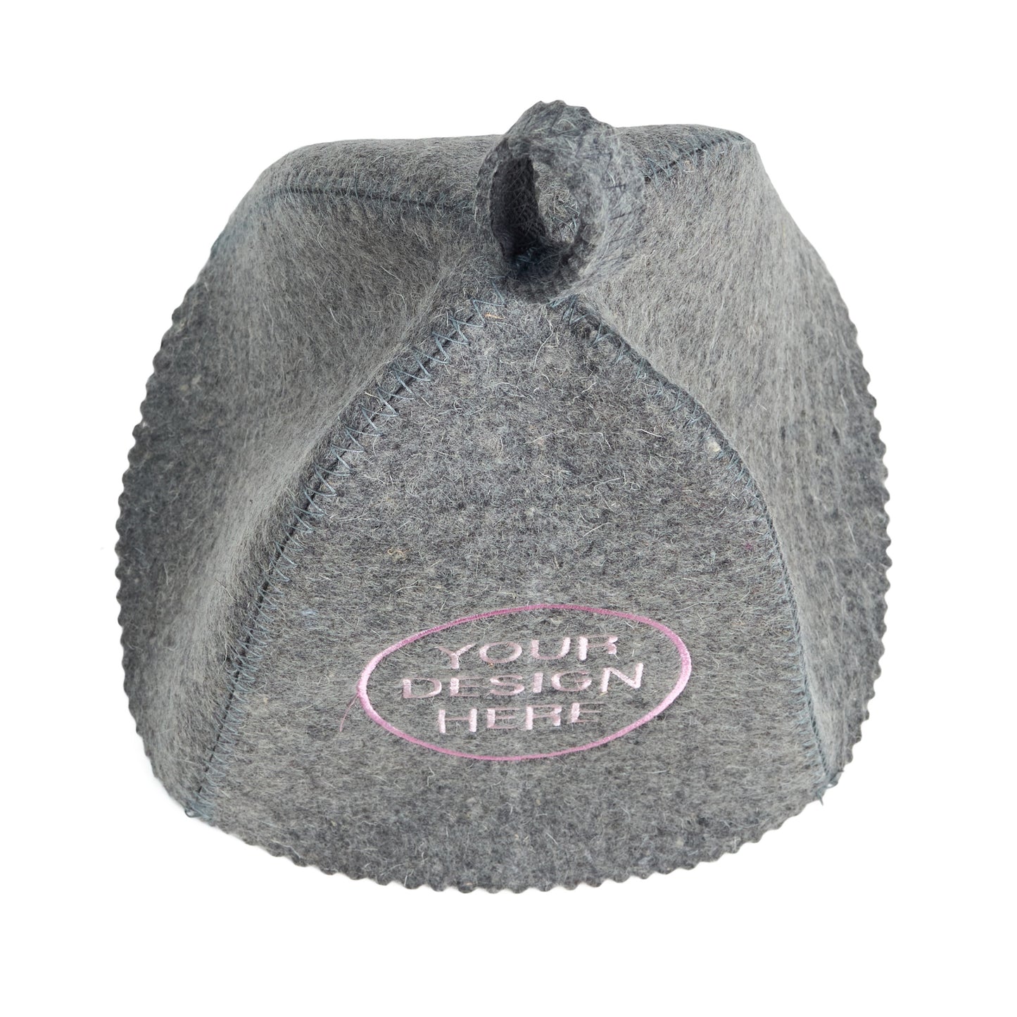 Top view of gray wool sauna hat showing stitched panels and hanging loop
