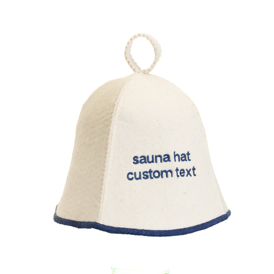 White sauna hat with blue text on a white background