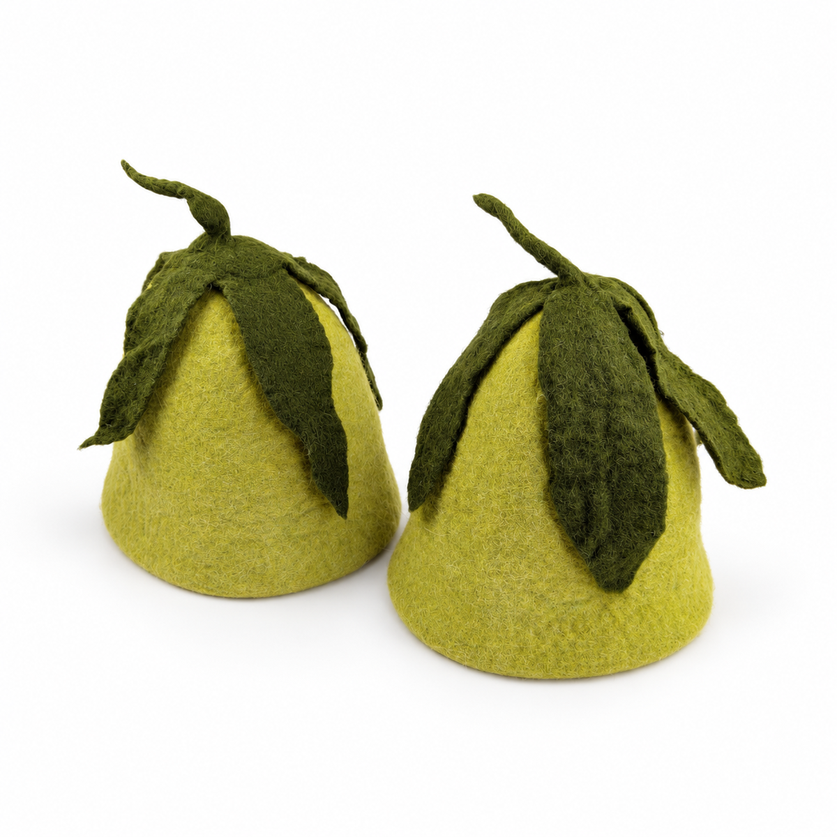 Two hand felted green wool sauna hats with dark green leaf details and pointed stems, displayed together on a white background