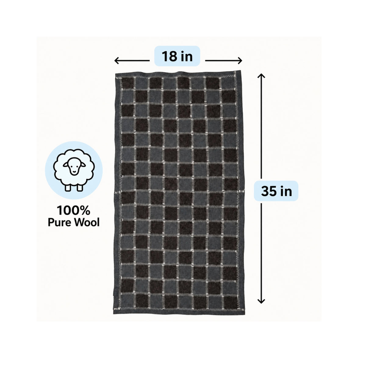 Size infographic showing a gray and charcoal checkered wool felt sauna bench cover laid flat vertically on a white background. Black measurement arrows indicate a width of 18 inches and a length of 35 inches, with pale blue labels. A sheep icon beside the mat accompanies the text “100% Pure Wool.” White zigzag stitching outlines the squares and border.