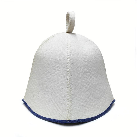 white sauna hat with blue trim on a white background
