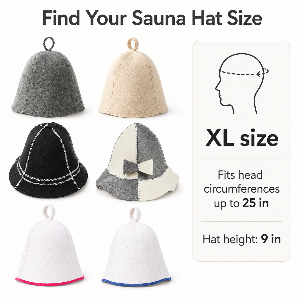 XL sauna hat size guide showing different wool sauna hat styles for larger heads. XL size fits head circumferences up to 25 inches and has a 9 inch hat height