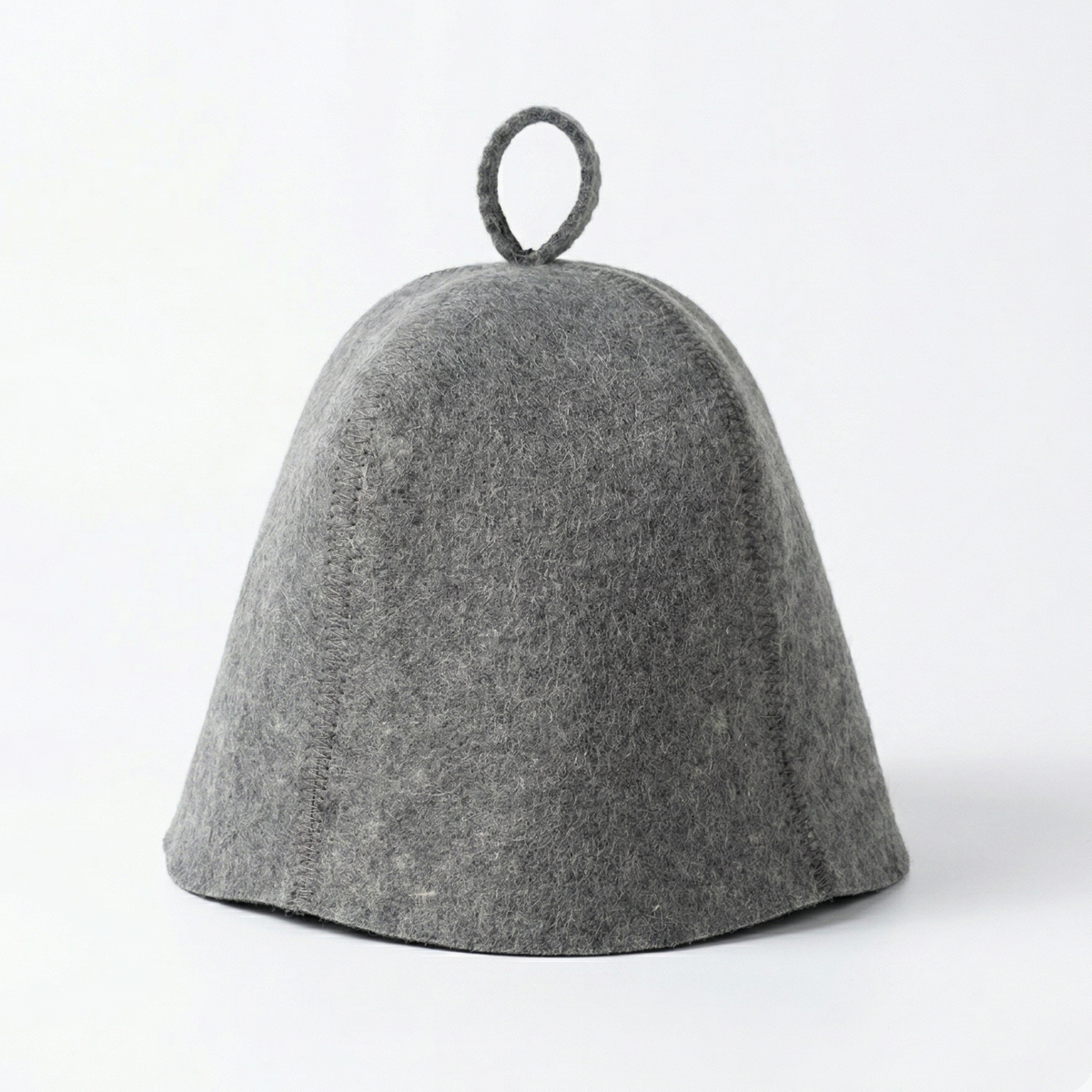 XL gray wool sauna hat with hanging loop on a white background