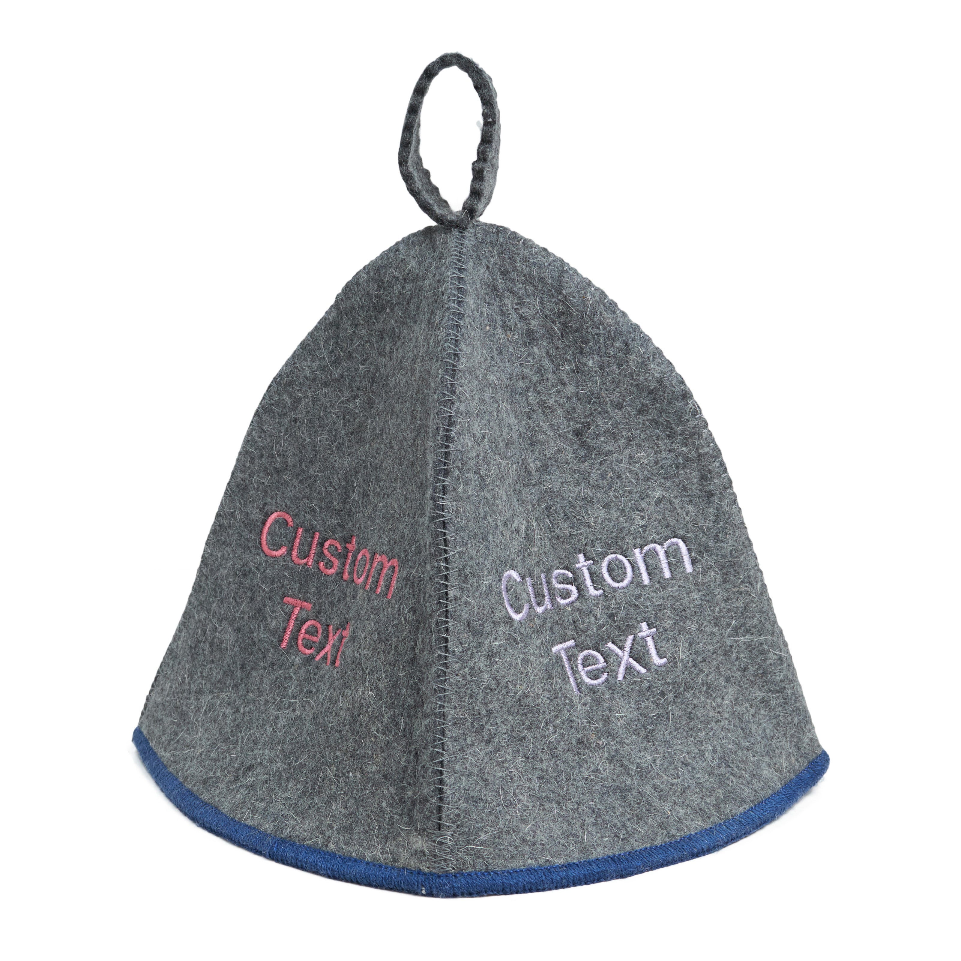 Gray wool sauna hat with blue trim and custom embroidered text, shown on a white background