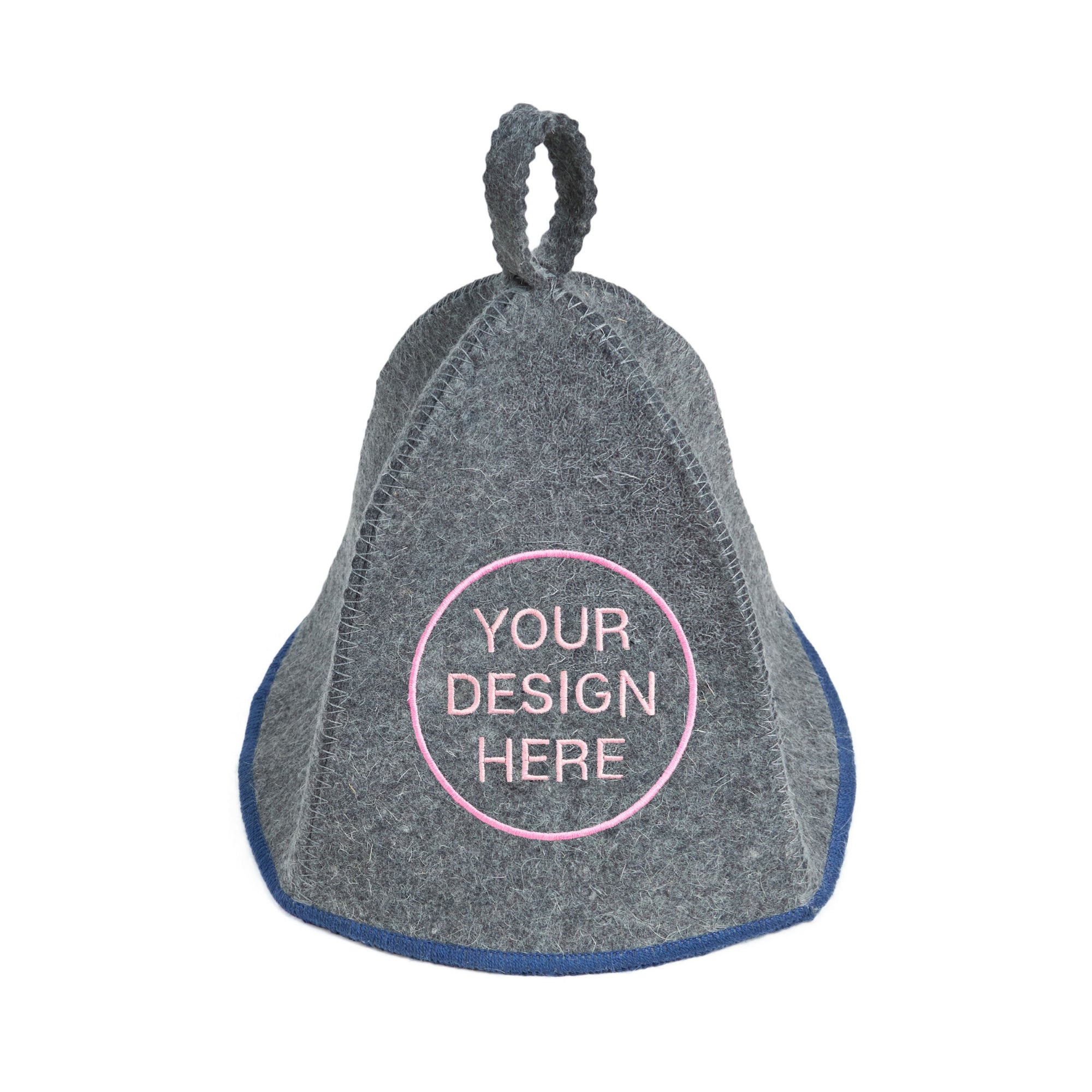 Gray wool sauna hat with blue trim and custom logo embroidery, shown on a white background