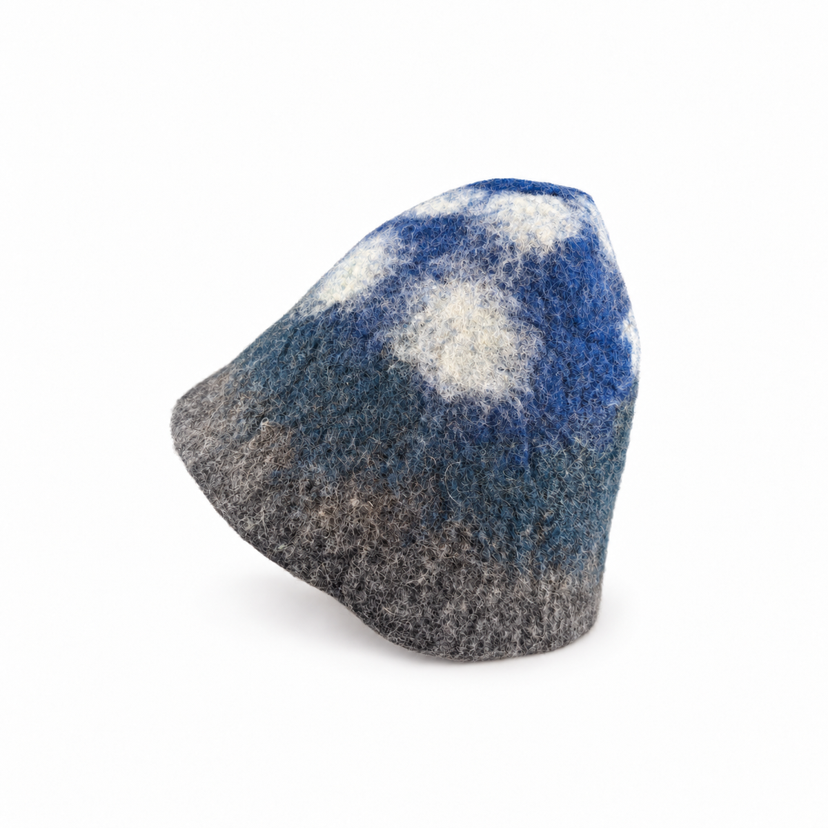 Hand-felted 100% wool sauna hat with a blue mountain and white cloud design over a gray base, shown from the side on a white background