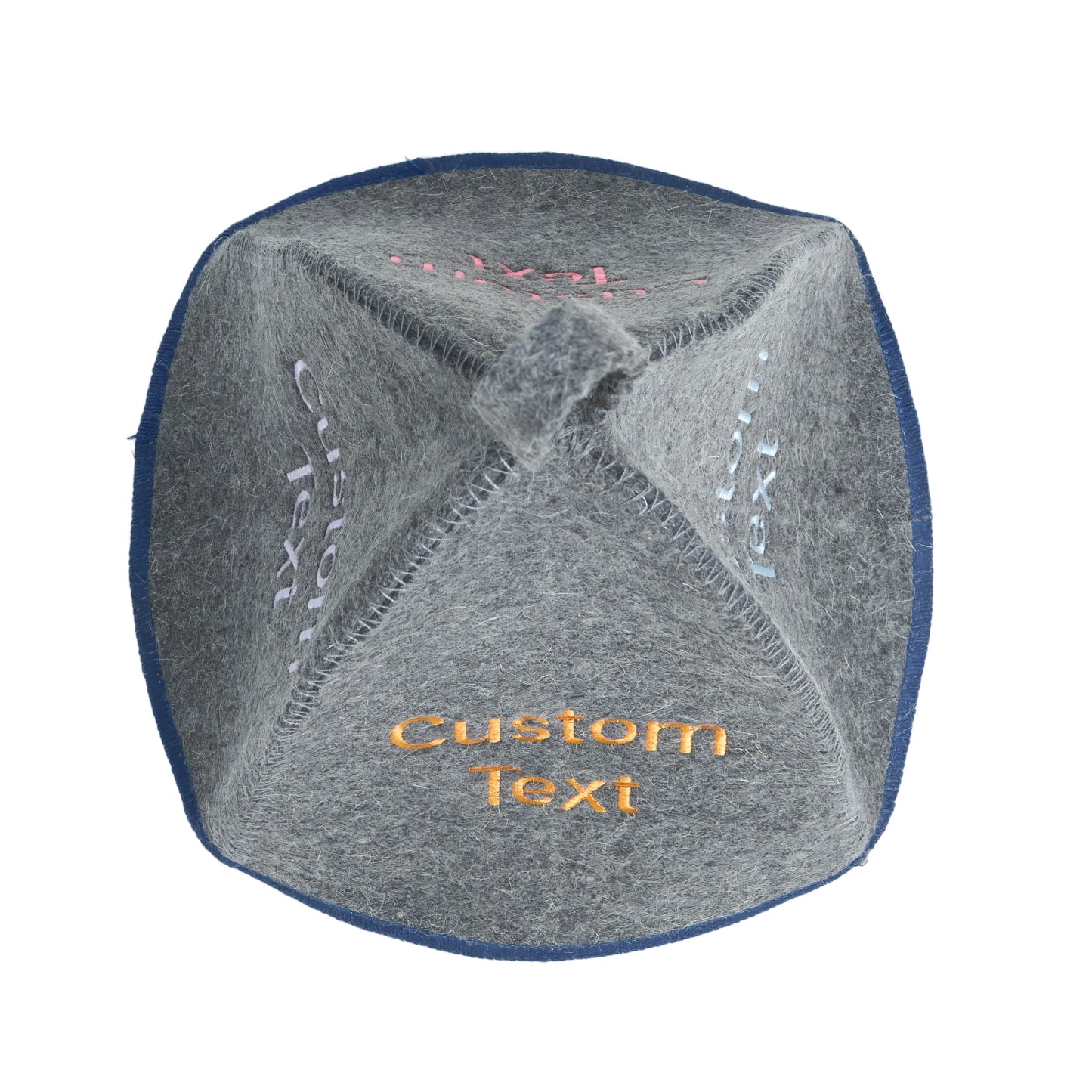 Top view of gray wool sauna hat showing interior seams and custom embroidered text