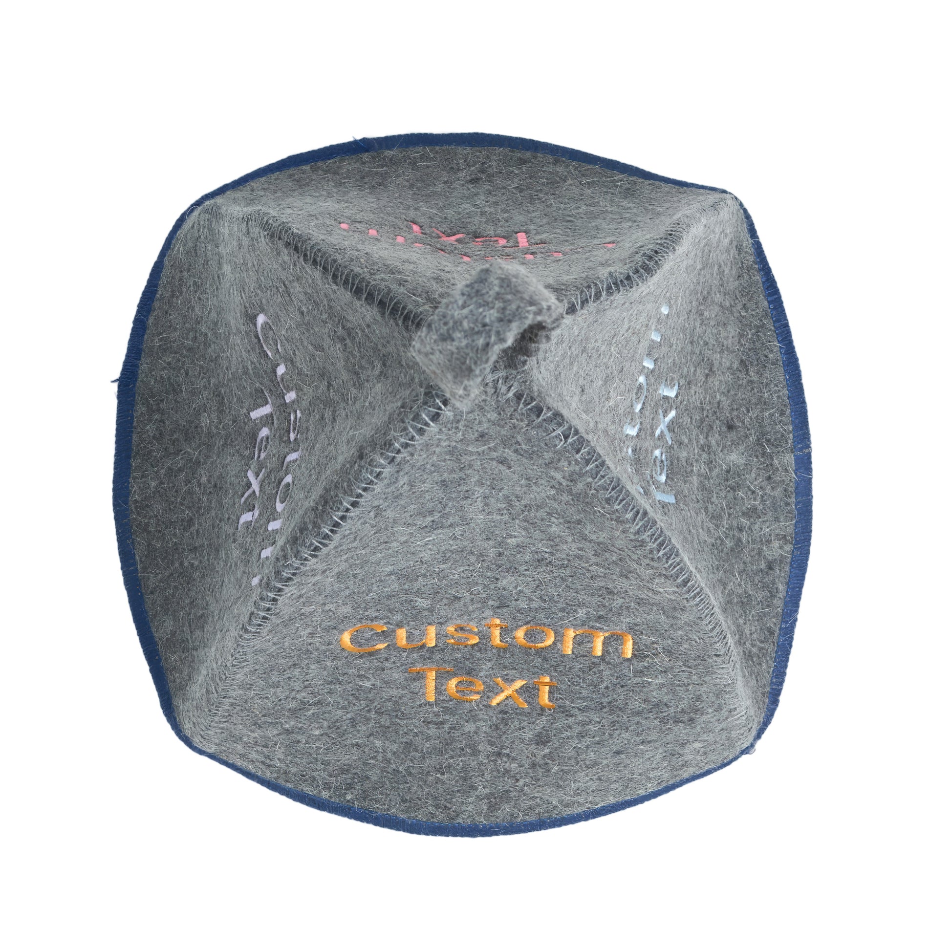 Top view of gray wool sauna hat showing interior seams and custom embroidered text