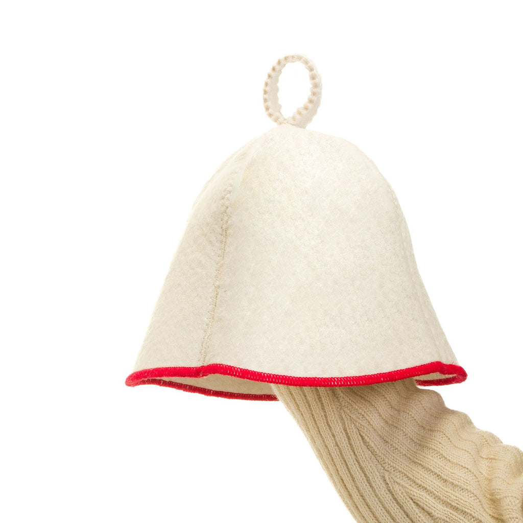 Beige sauna hat with red trim on a white background