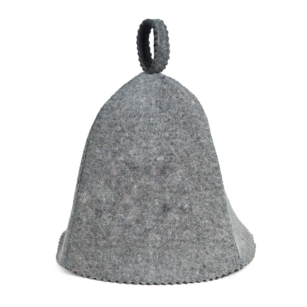 Gray felt bell sauna hat on a white background