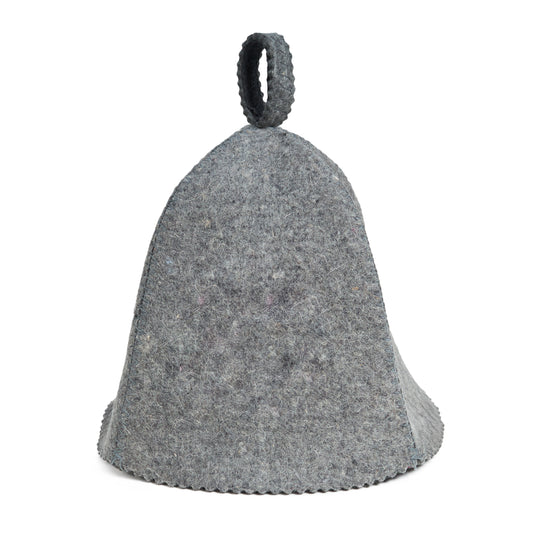 Gray felt bell sauna hat on a white background