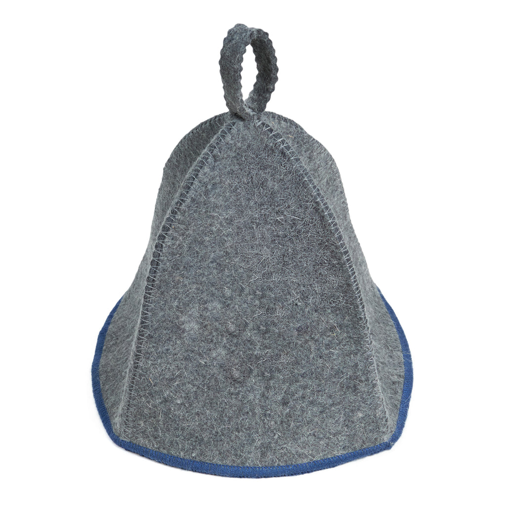 Gray wool sauna hat with blue trim, shown from the back on a white background
