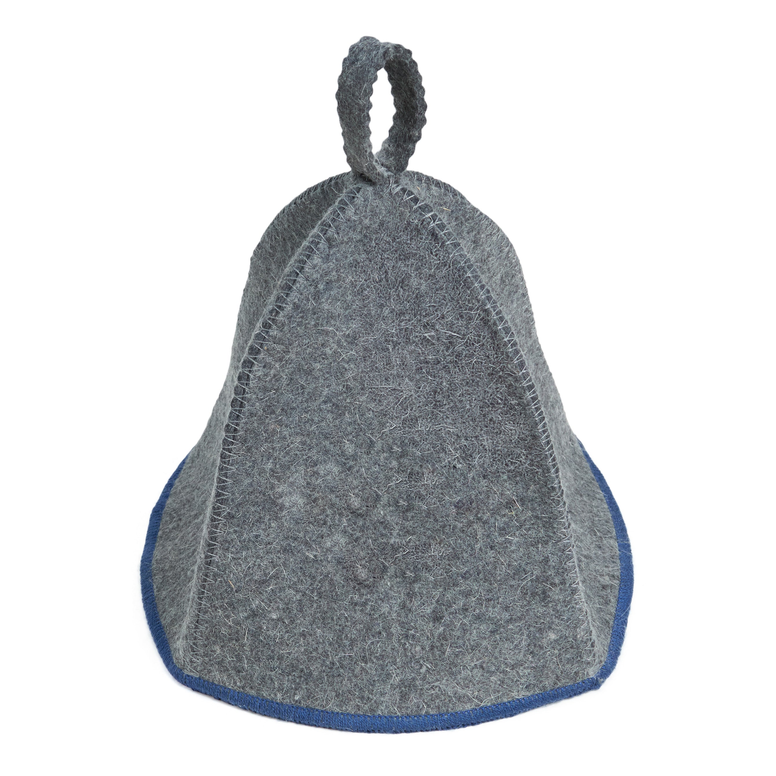 Gray wool sauna hat with blue trim, shown from the back on a white background