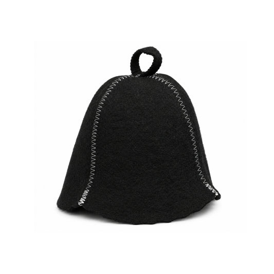 Black L size wool sauna hat on a white background, featuring a classic bell shape, contrasting white zigzag stitching, paneled construction, and top hanging loop