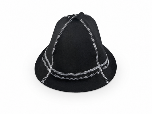 Black XL wool sauna hat with contrasting white stitching and extended brim, shown from the front on a white background. Roomy design provides extra coverage around the head
