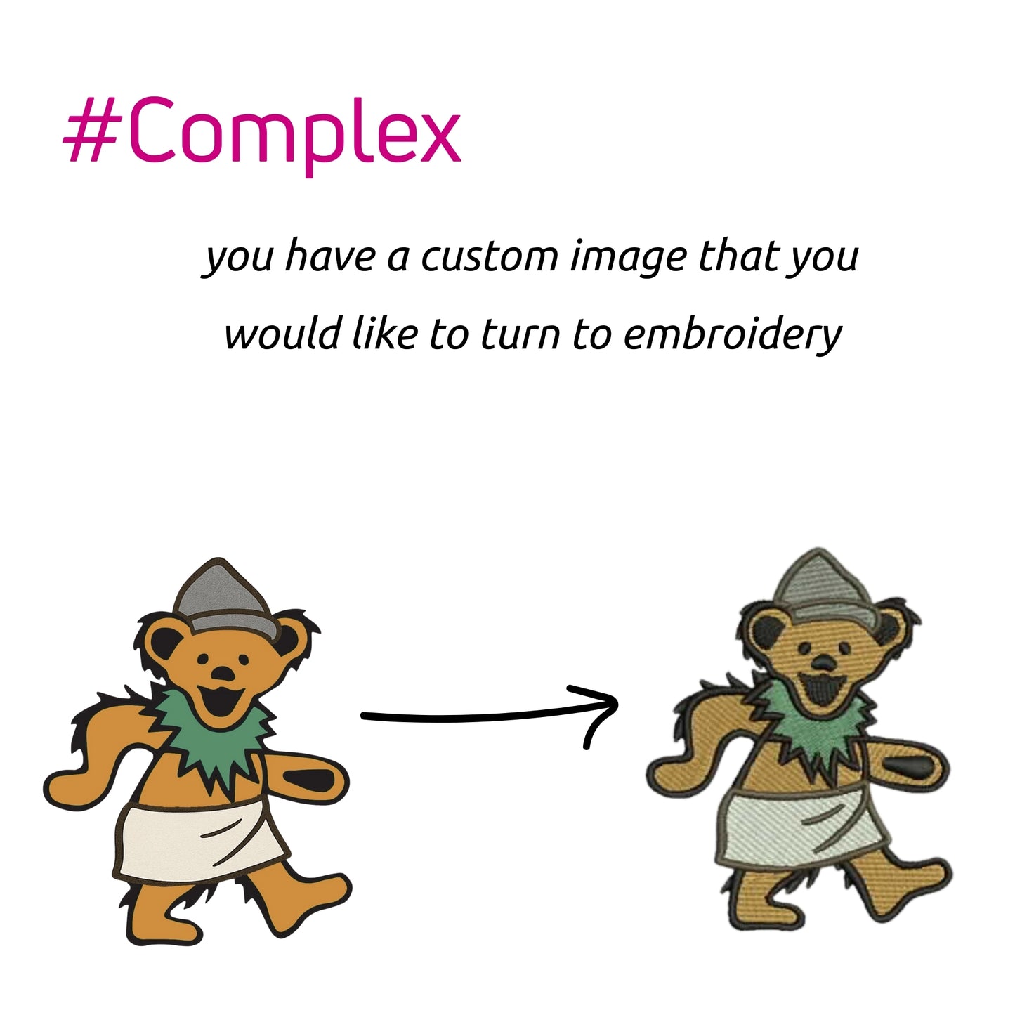 Graphic showing a custom illustrated bear image transformed into an embroidered version, labeled as a complex embroidery design example
