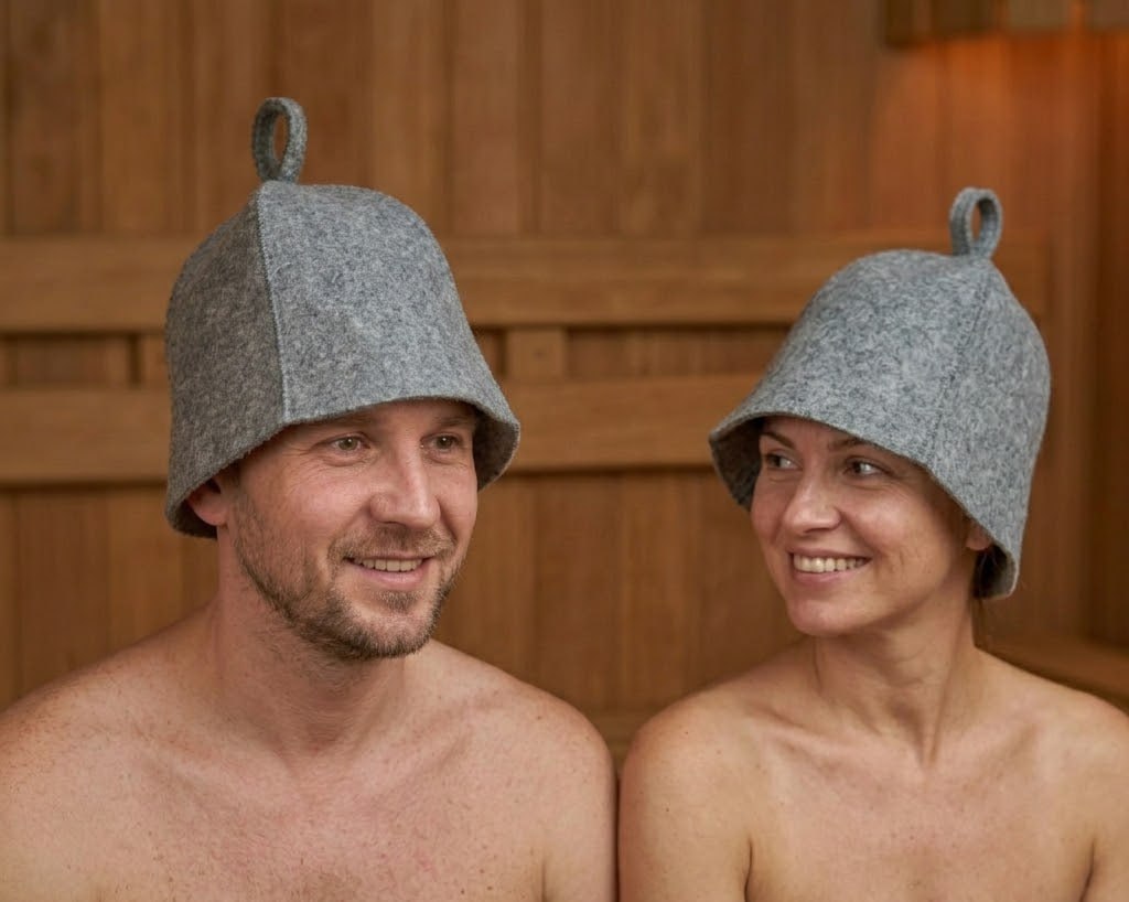 Man and woman sitting in a sauna wearing gray wool sauna hats, smiling and looking at each other