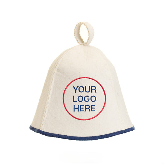 White felt sauna hat with custom embroidered logo on front, isolated on white background