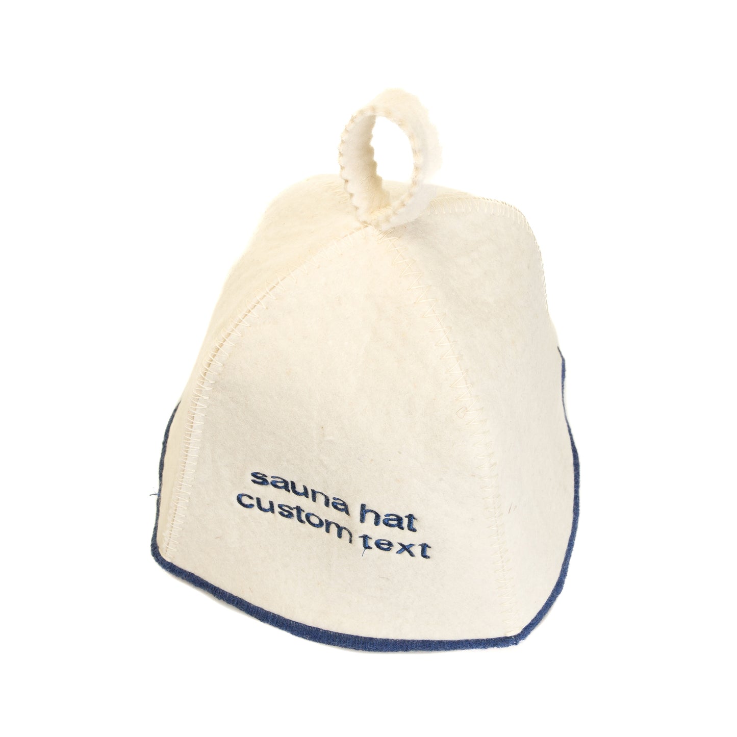 Back view of white felt sauna hat with custom text embroidery