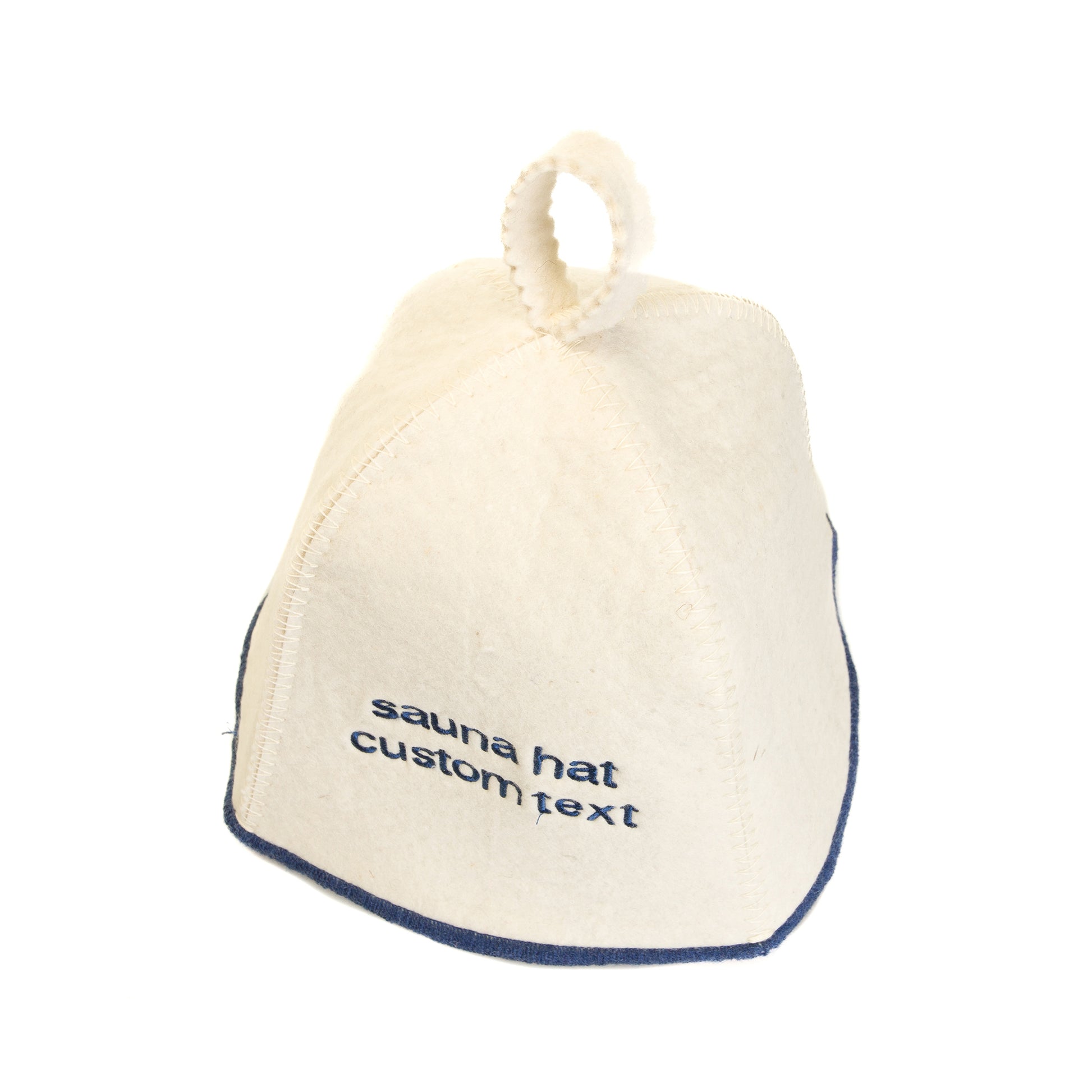 Back view of white felt sauna hat with custom text embroidery