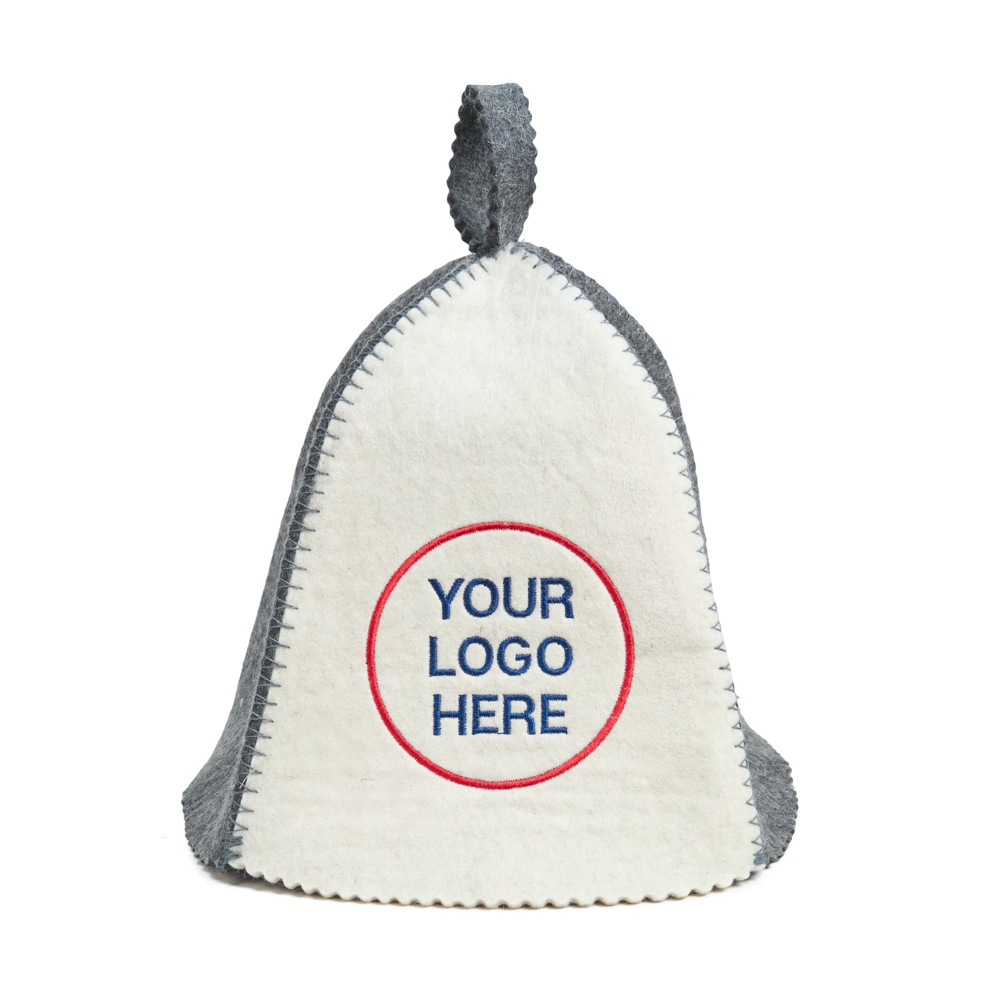 White and gray sauna hat with customizable logo area on a white background
