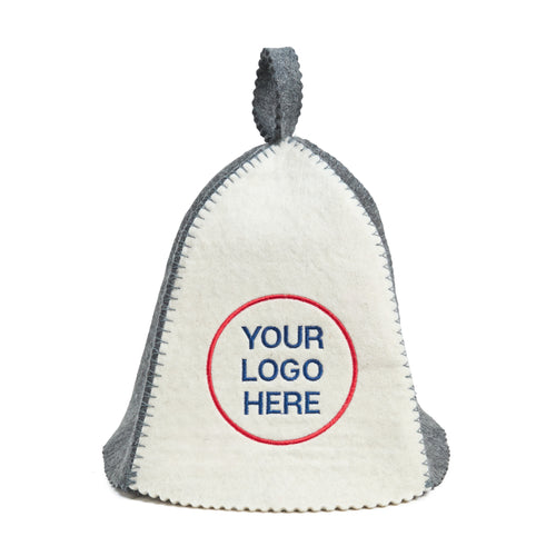 White and gray sauna hat with customizable logo area on a white background