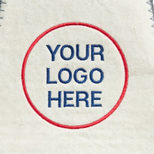 embroidered Your Logo Here design inside a red circle on a felt sauna hat