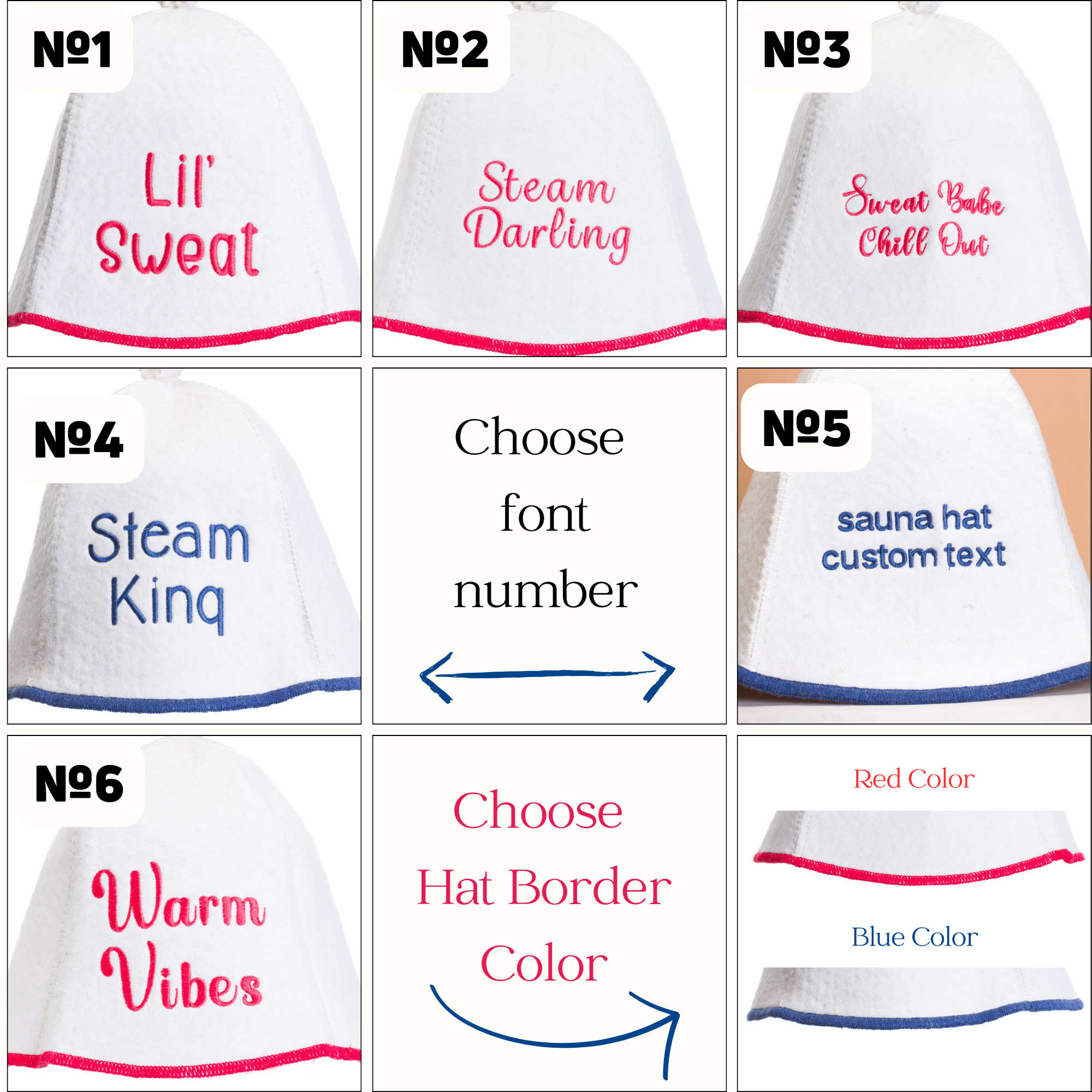 6 variations of font embroidery styles on white sauna hats