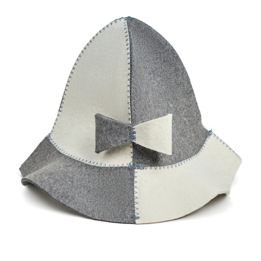 Gray and white XL wool sauna hat with a tall crown, wide brim, contrasting stitched felt panels, and decorative two-tone bow on the side