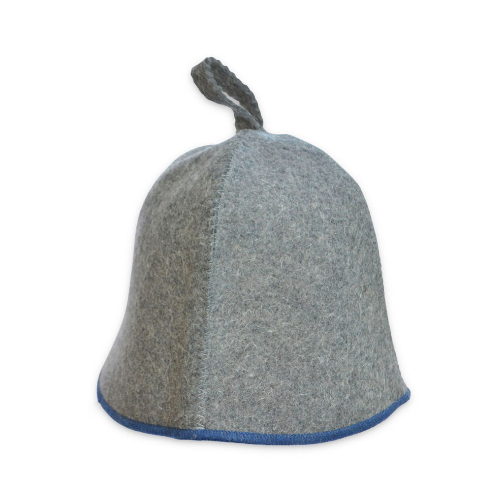 Back view of gray wool sauna hat showing felt texture, seams, and hanging loop