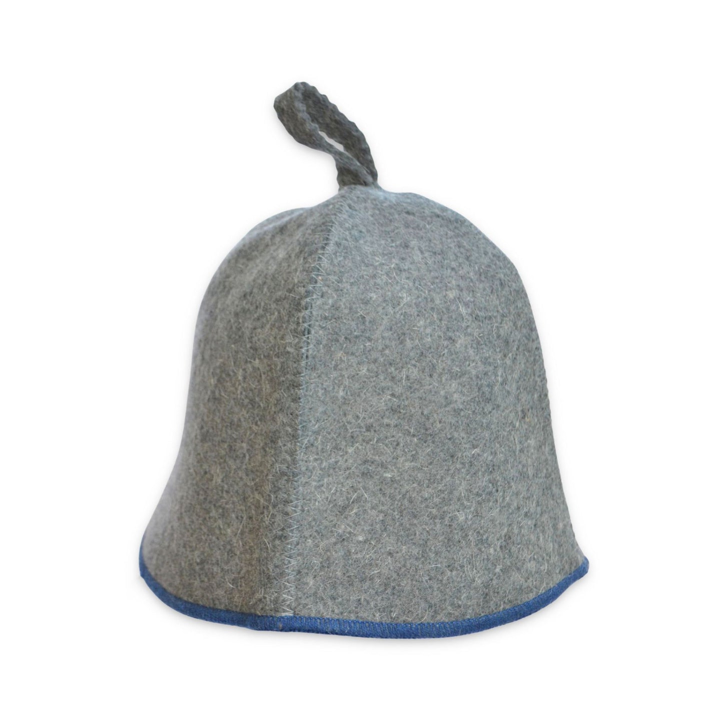 Back view of gray wool sauna hat showing felt texture, seams, and hanging loop