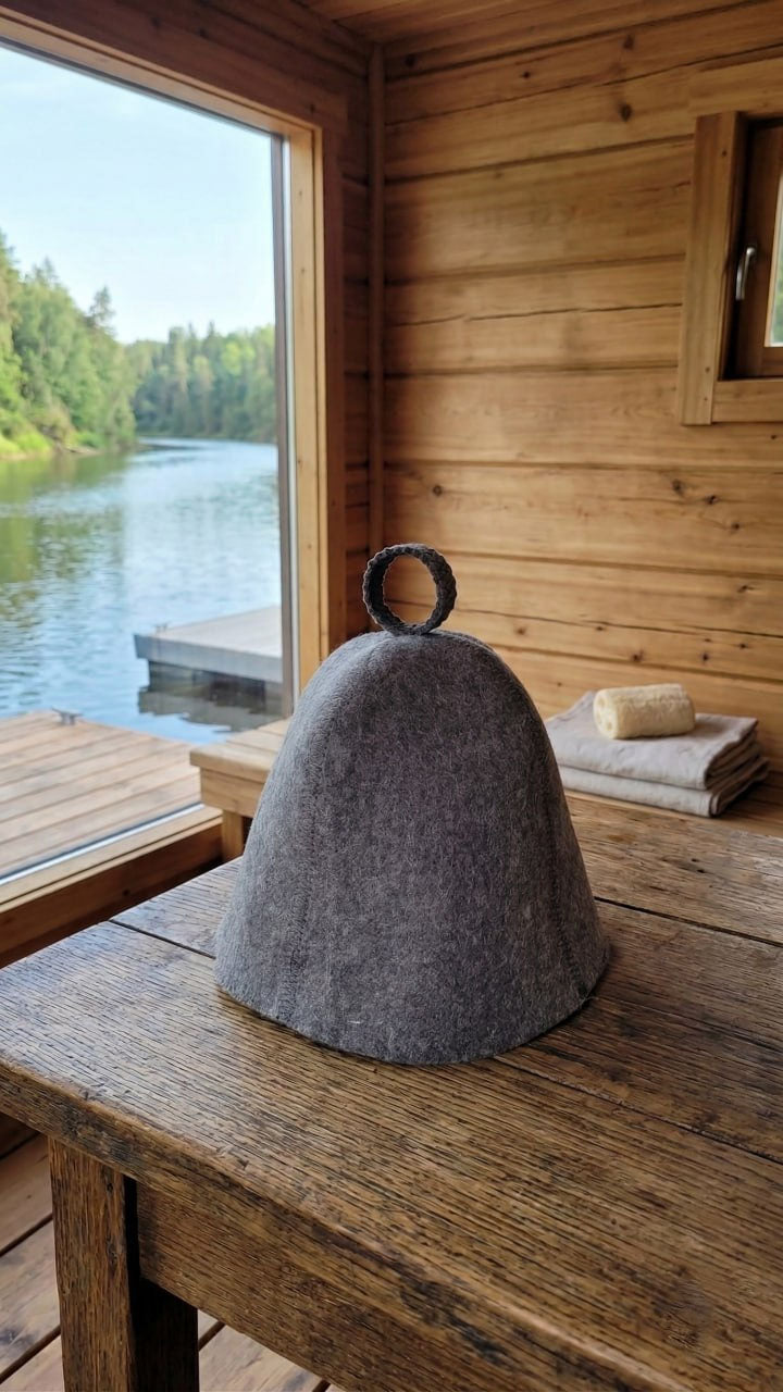 Gray bell on a wooden surface with a view of a lake and trees through a window.