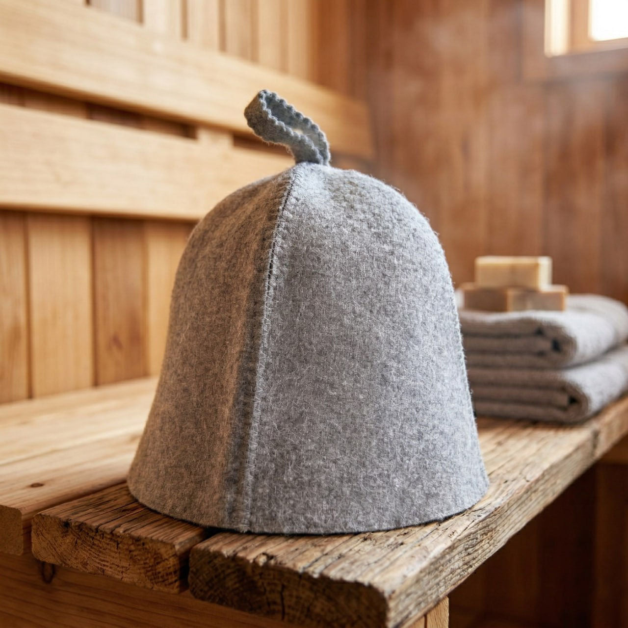 Gray fabric hat on a wooden surface with towels in the background