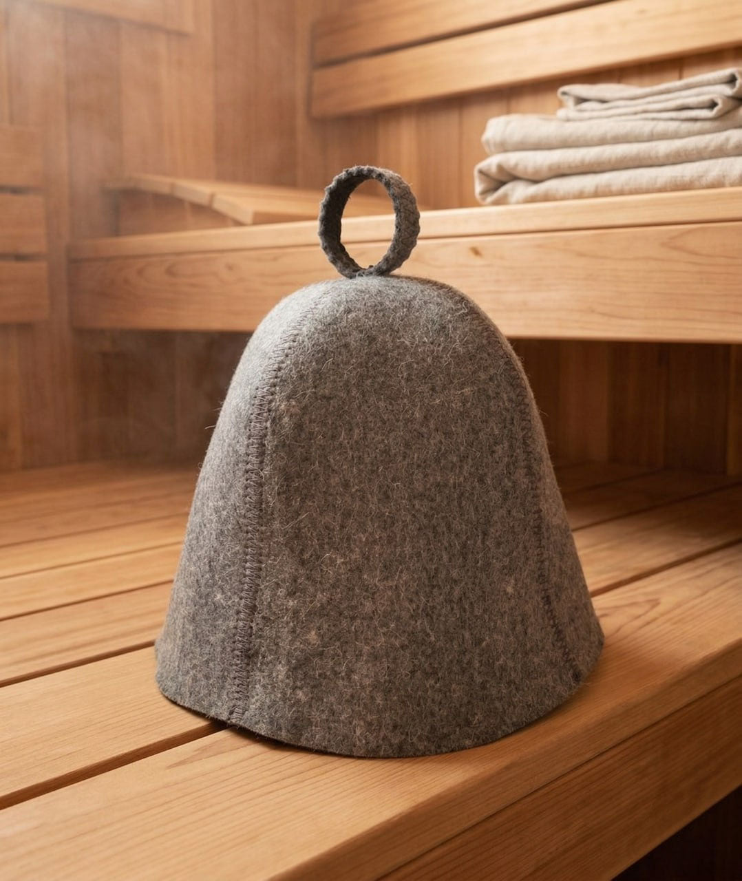 gray wool sauna hat on wooden sauna bench with folded towels in background