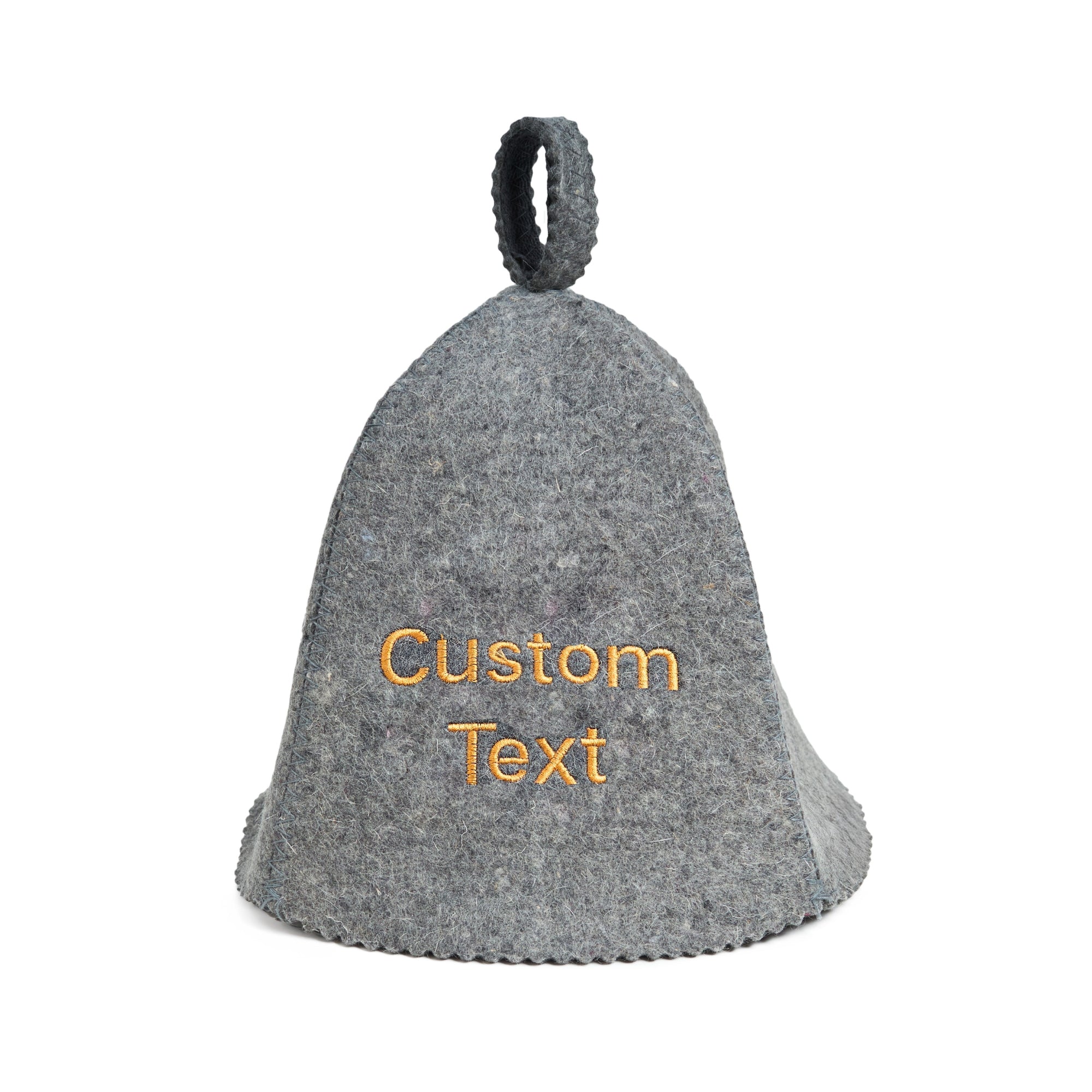 Gray sauna hat with 'Custom Text' embroidered on a white background