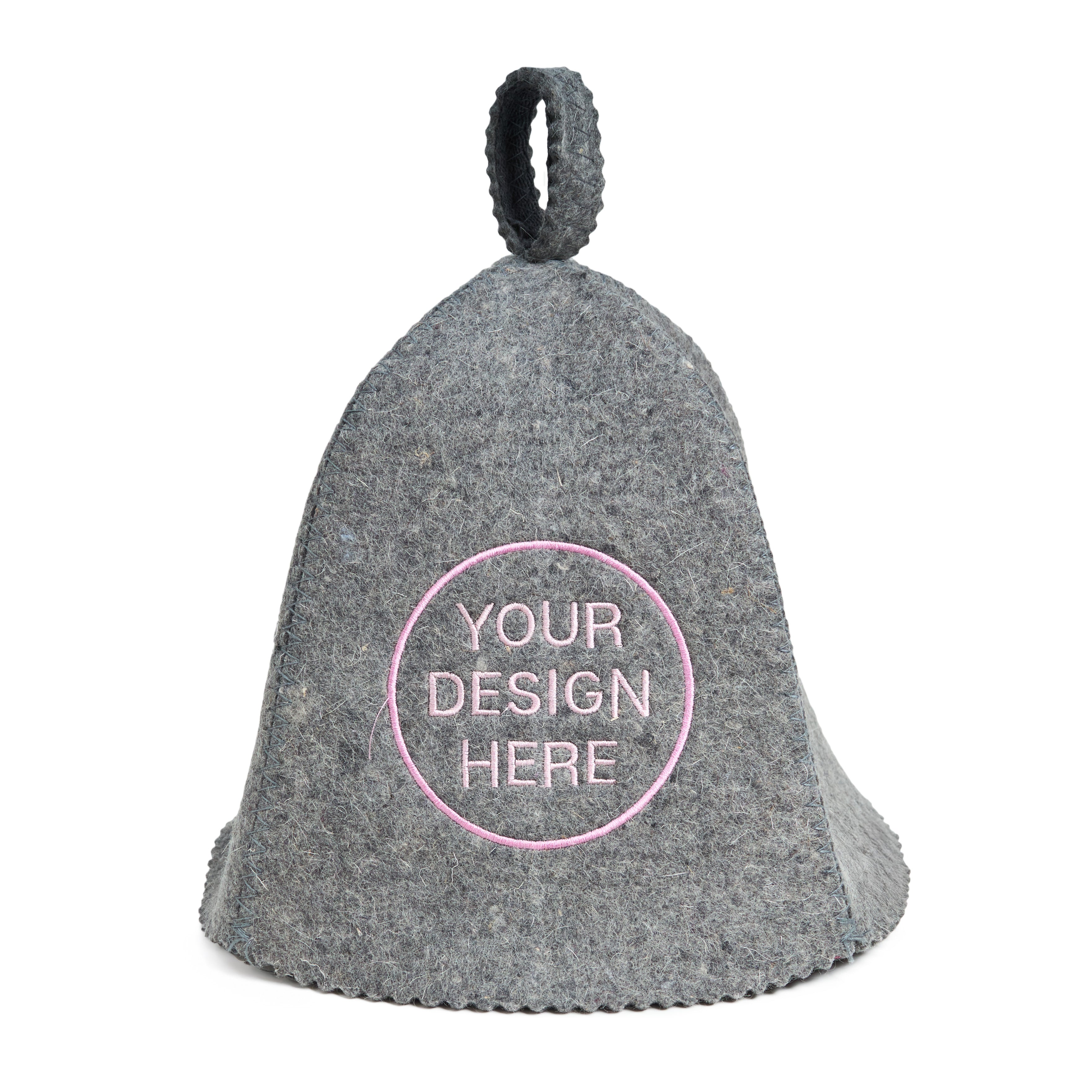 Gray bell-shaped sauna hat with a pink circle for customization on a white background