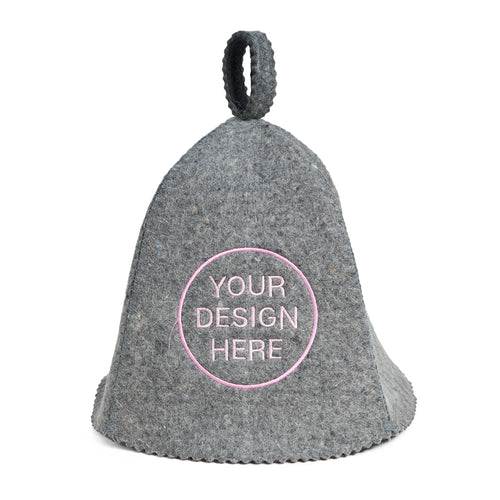 Gray bell-shaped sauna hat with a pink circle for customization on a white background