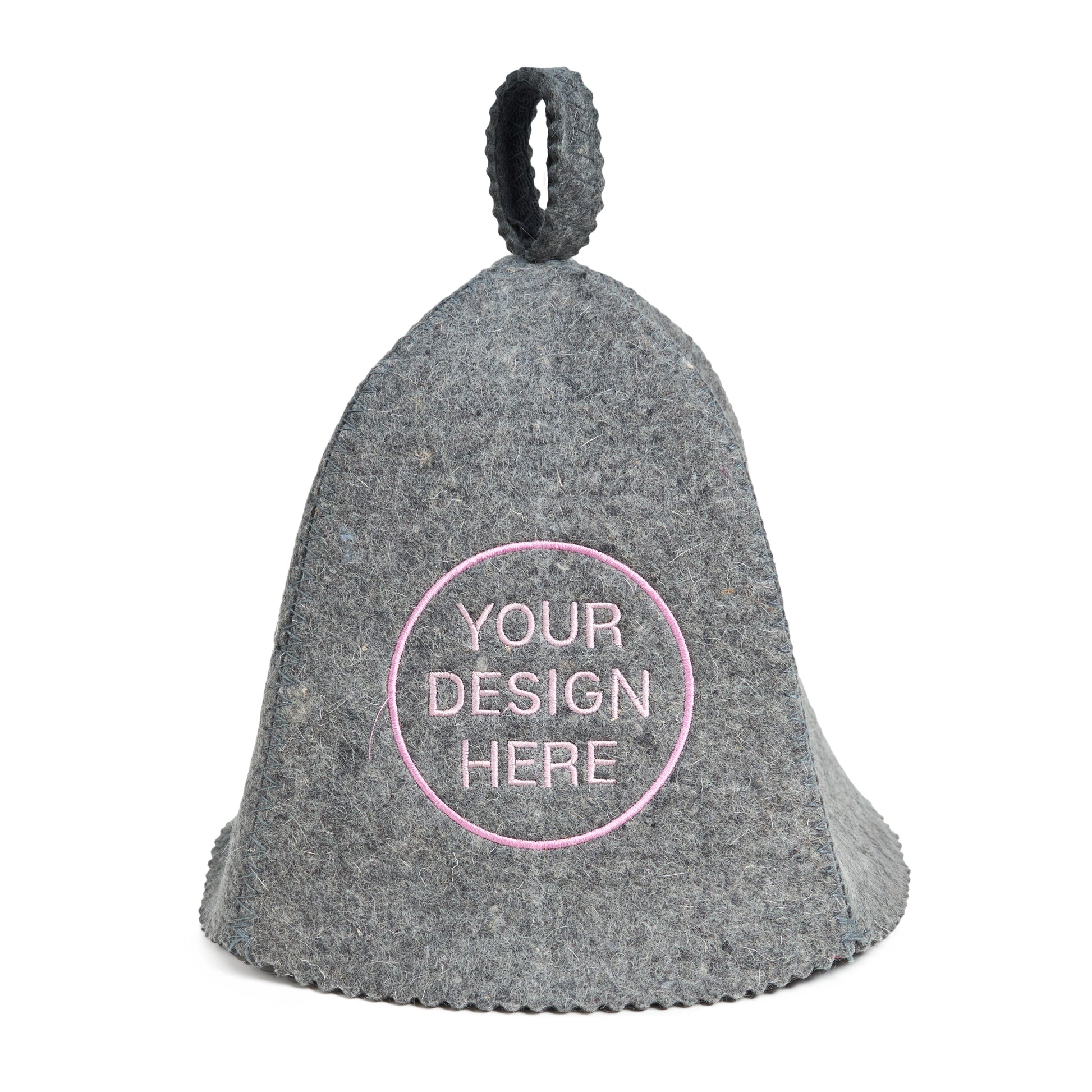 Gray wool sauna hat with custom embroidery design on a white background