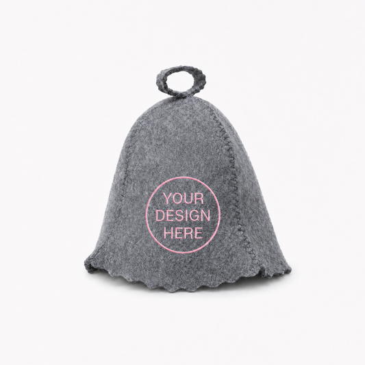 Gray wool sauna hat with custom embroidery design on a white background