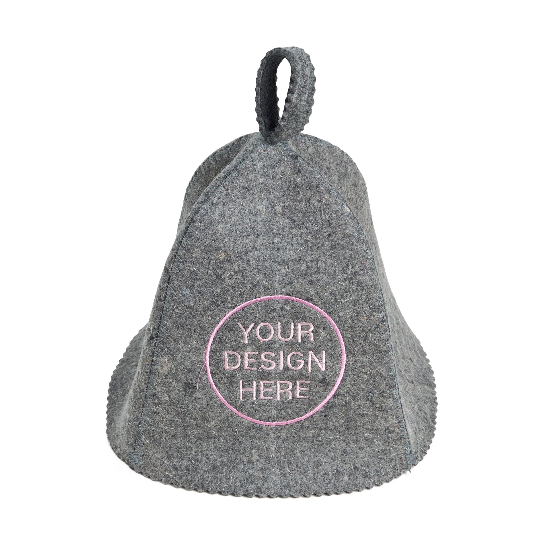 Gray wool sauna hat with custom embroidery design, bell shape, white background