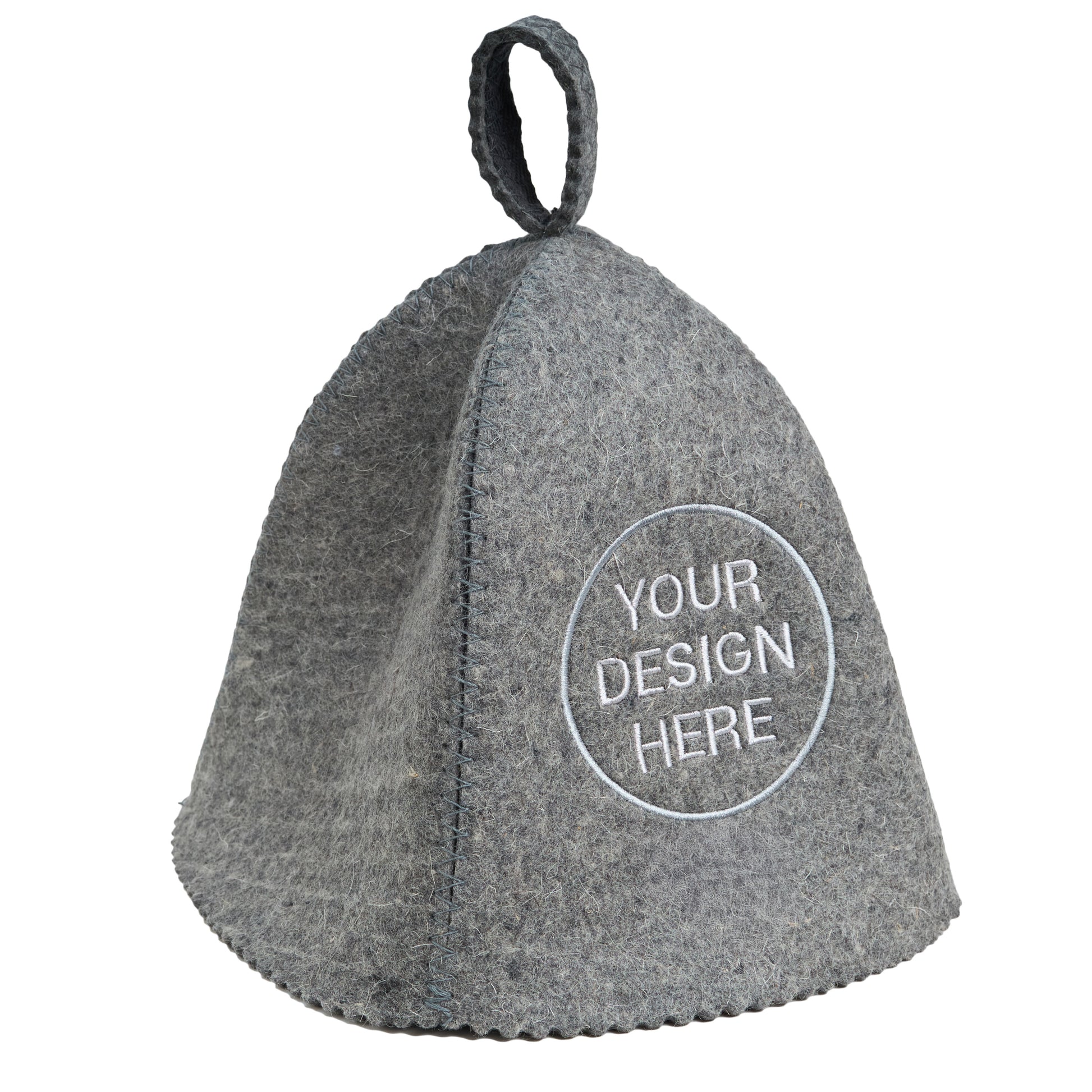 Front view of gray wool sauna hat with custom embroidered logo