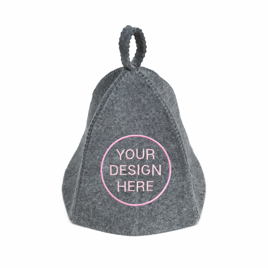 Gray wool sauna hat with loop handle and pink circle custom embroidery placeholder on the front, shown isolated on a white background