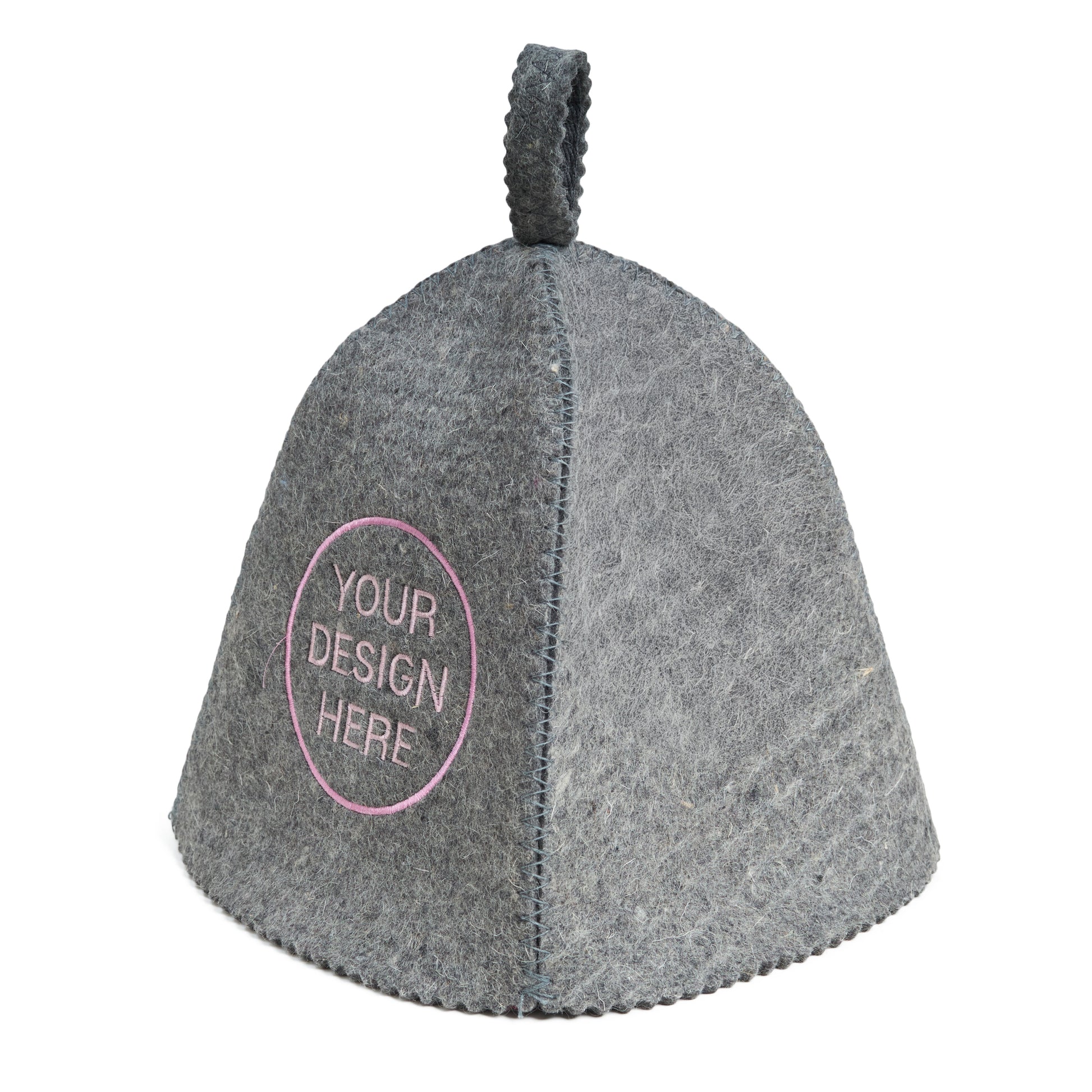Side view of gray wool sauna hat with custom embroidery