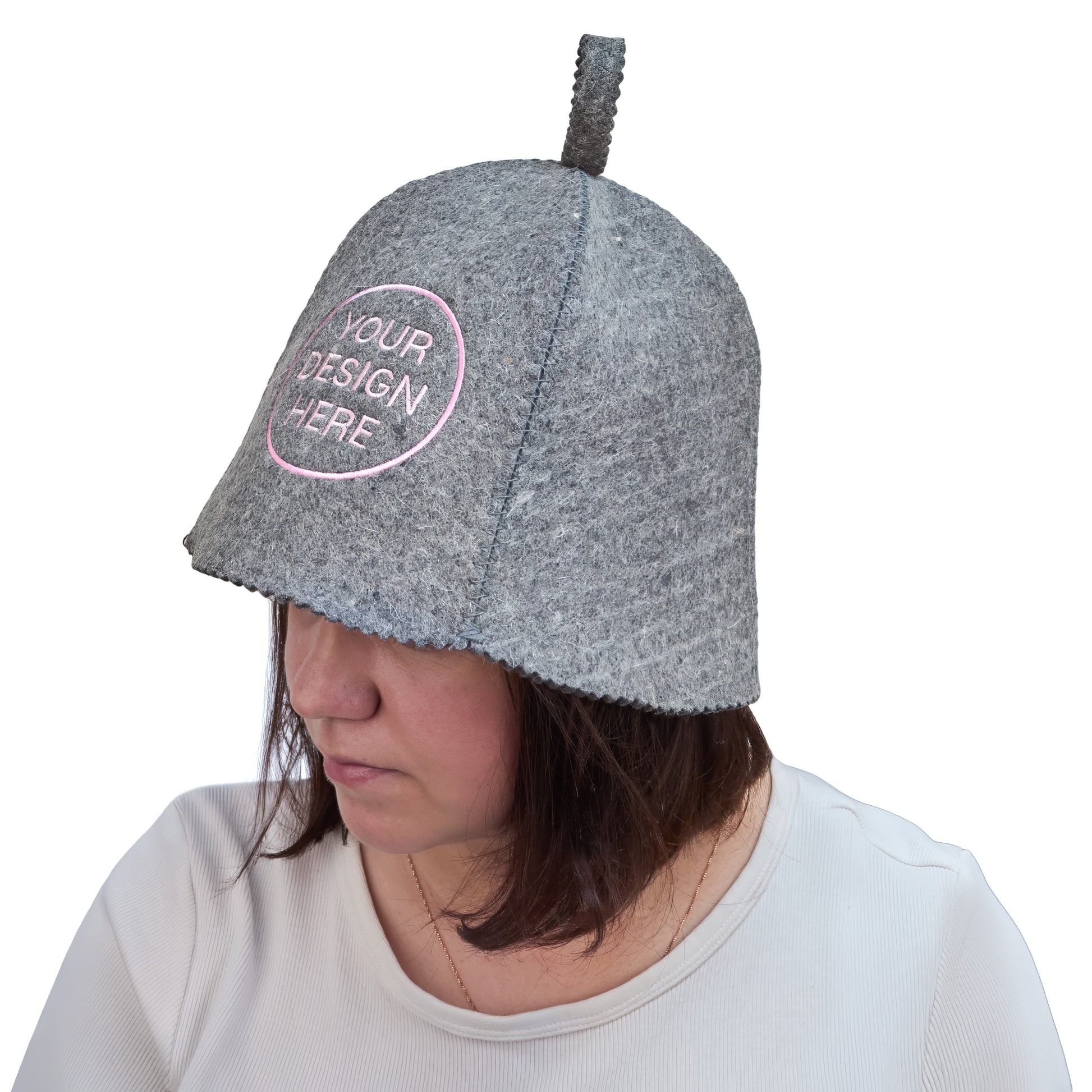 Gray wool sauna hat with custom embroidery worn on head