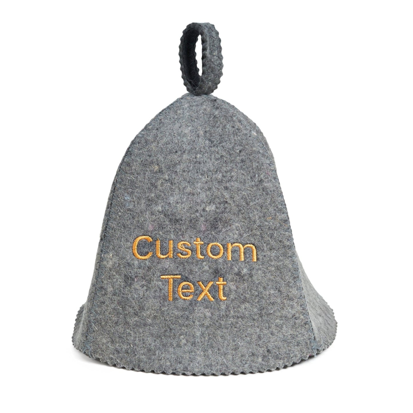 Front view of gray wool sauna hat with custom embroidered text