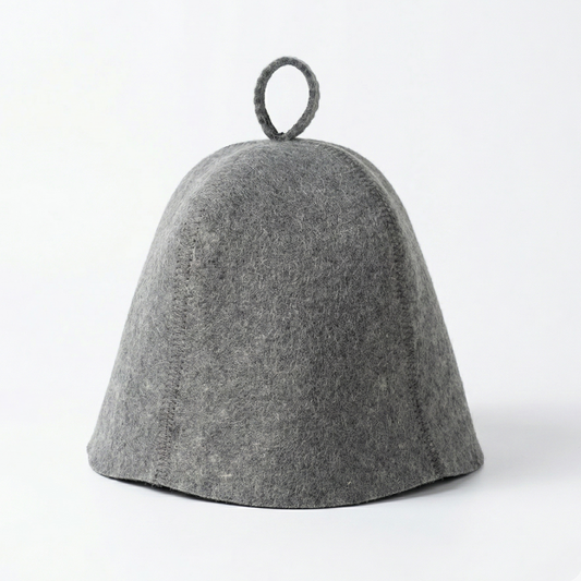 Gray wool sauna hat with deep bell shape and loop handle on top, shown from the front on a light background.