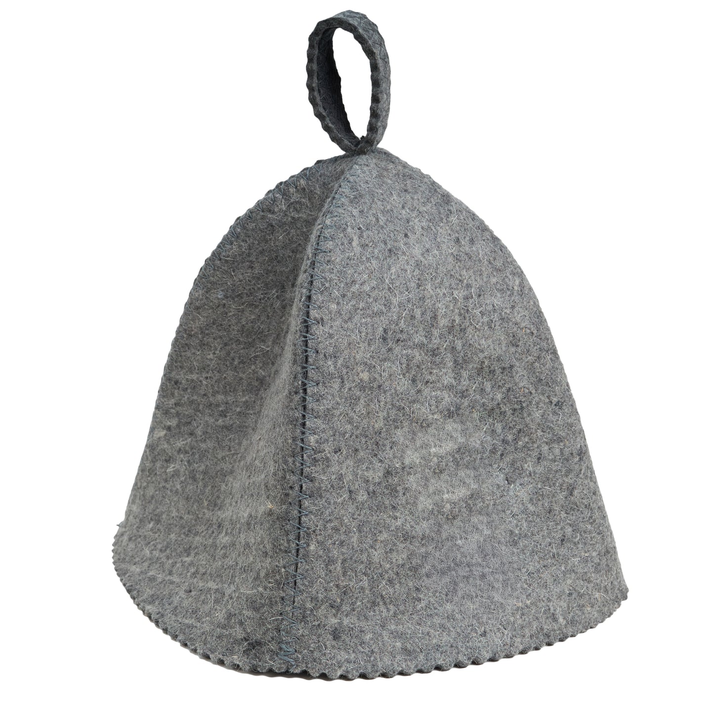 Side view of gray wool sauna hat in natural felt with classic bell shape and scalloped edge